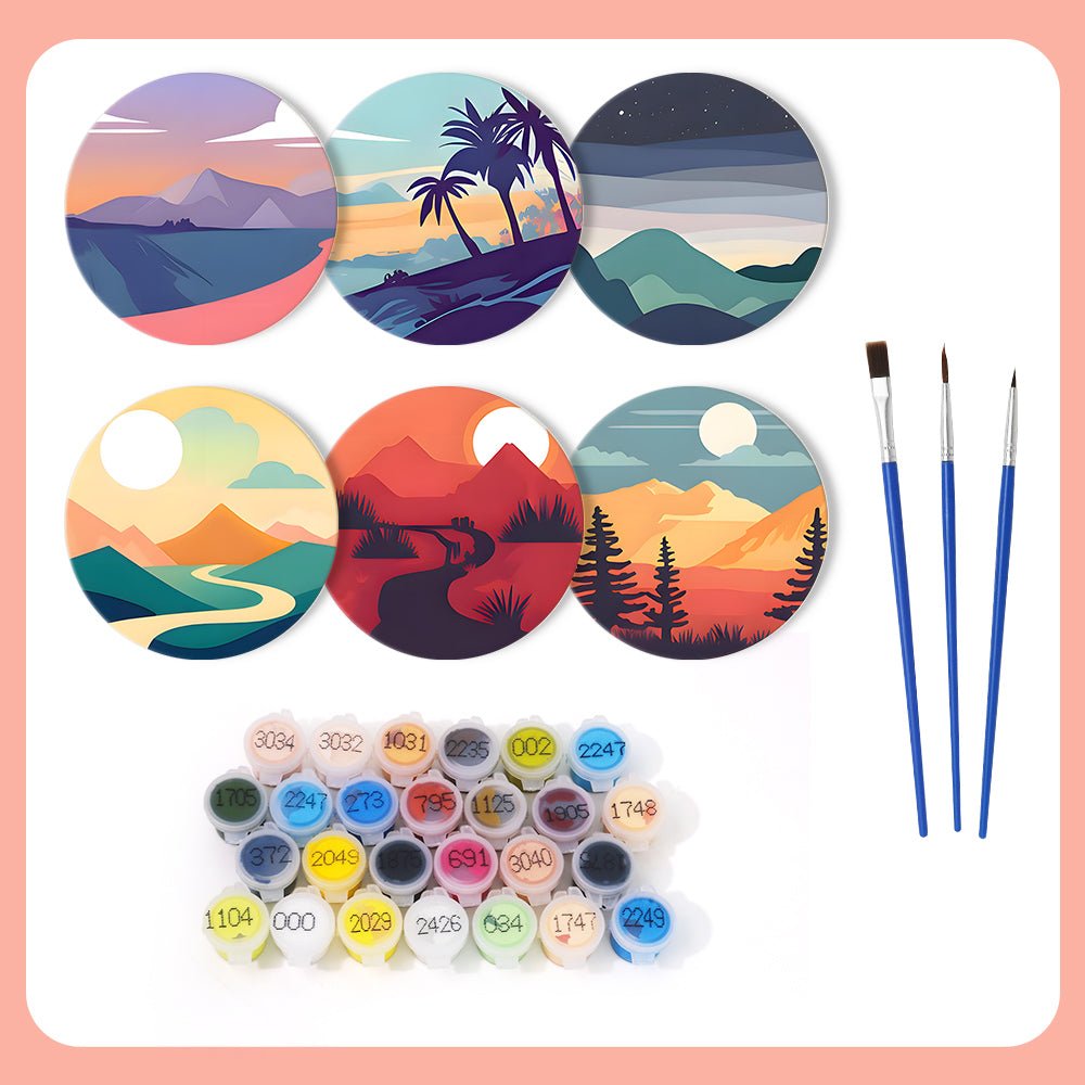 Serene Sunset Landscapes - Coasters Paint by Numbers Kit (6 Pieces) paint by numbers kit