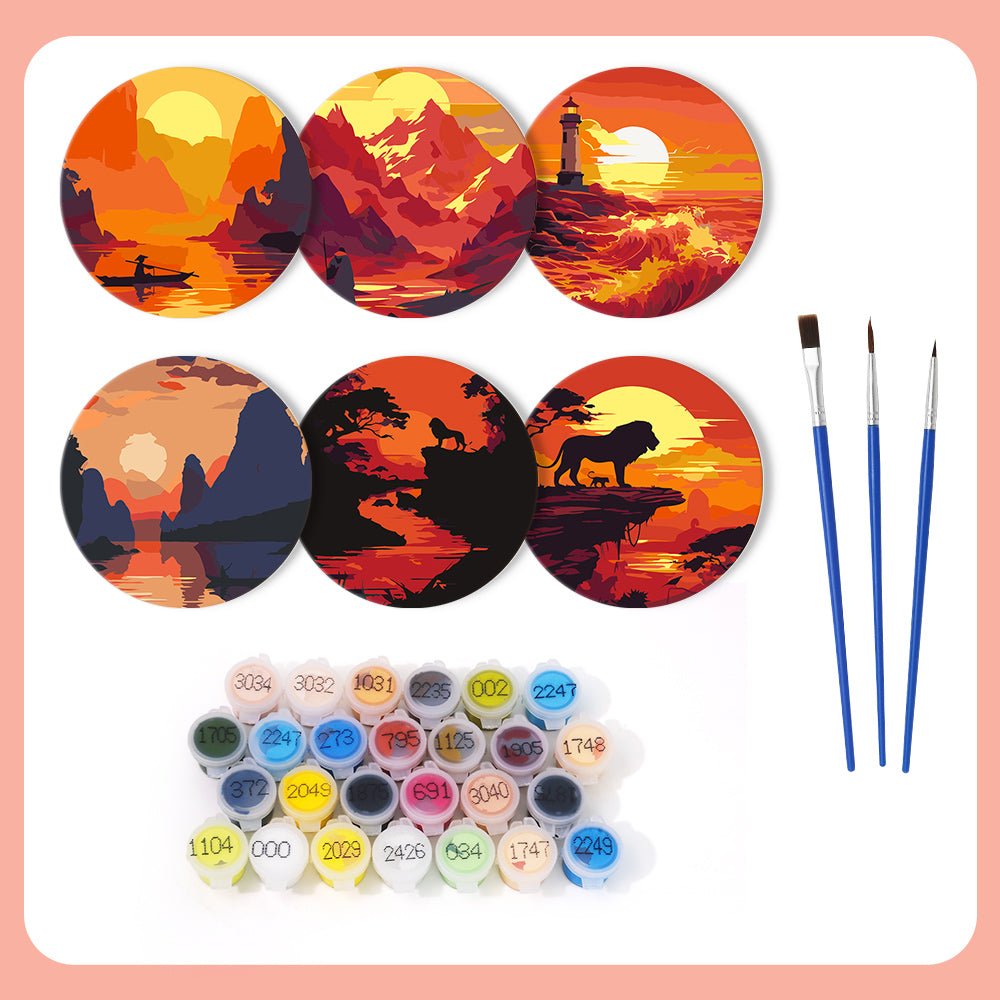 Sunset Landscape Silhouettes - Coasters Paint by Numbers Kit (6 Pieces) paint by numbers kit