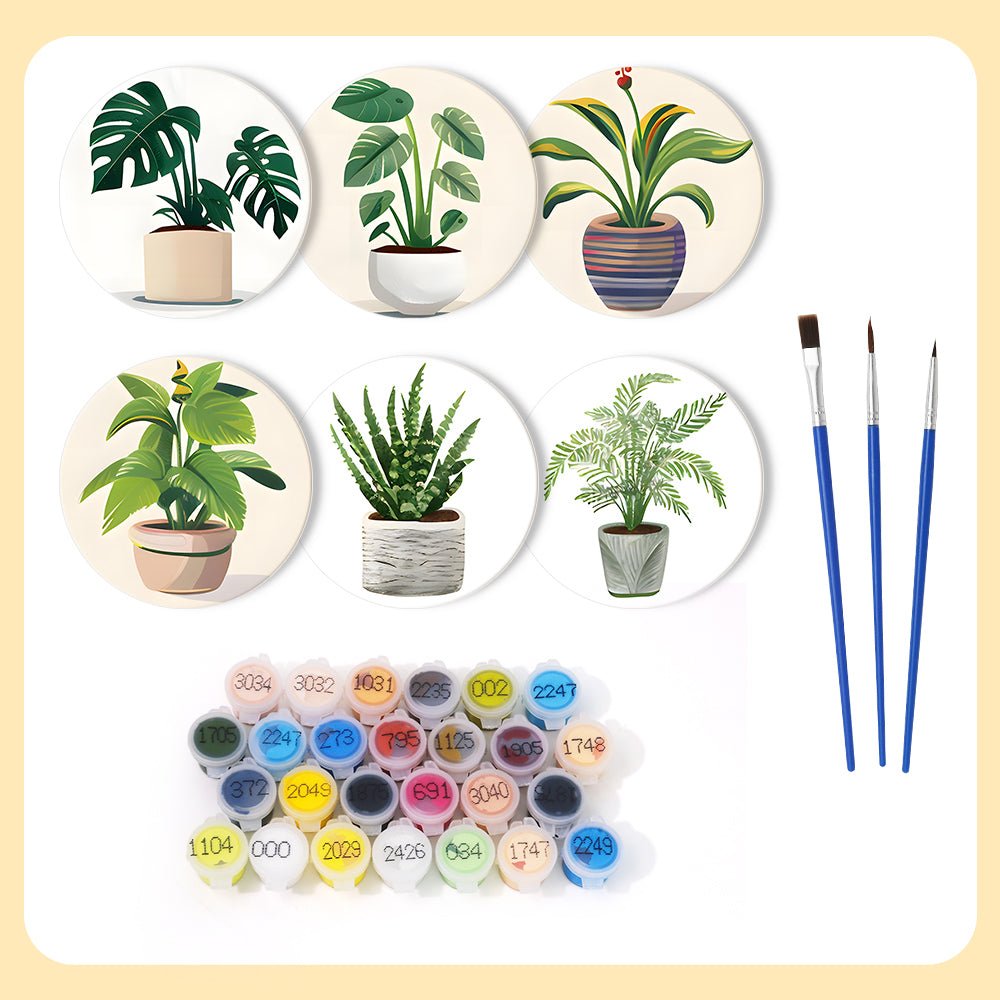 Indoor Green Plants - Coasters Paint by Numbers Kit (6 Pieces) paint by numbers kit