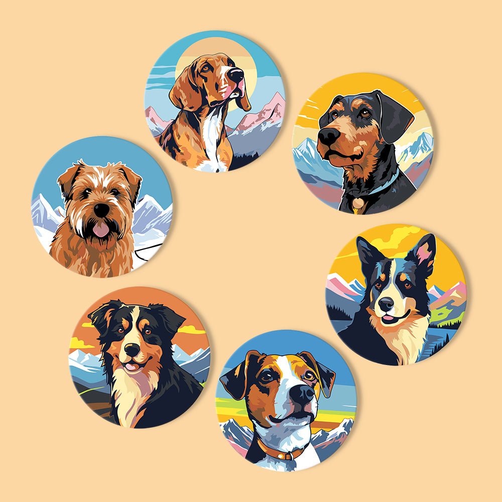 Happy Mountain Dogs - Coasters Paint by Numbers Kit (6 Pieces) paint by numbers kit