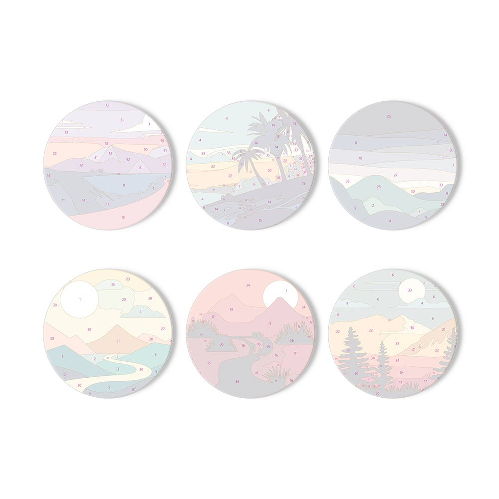 Serene Sunset Landscapes - Coasters Paint by Numbers Kit (6 Pieces) paint by numbers kit