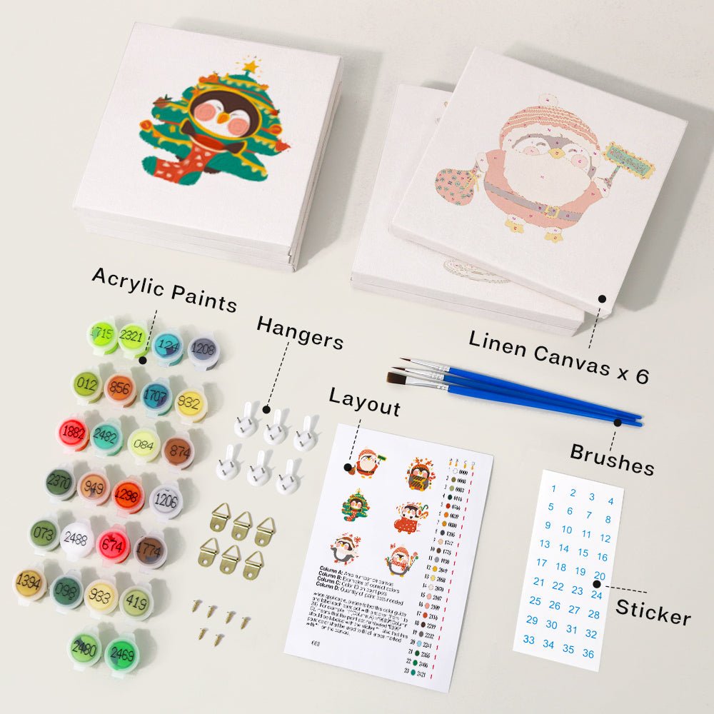 Cozy Christmas Penguins - Mini Paint by Numbers Kit (6 Pieces) paint by numbers kit