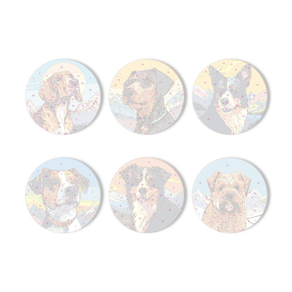 Happy Mountain Dogs - Coasters Paint by Numbers Kit (6 Pieces) paint by numbers kit