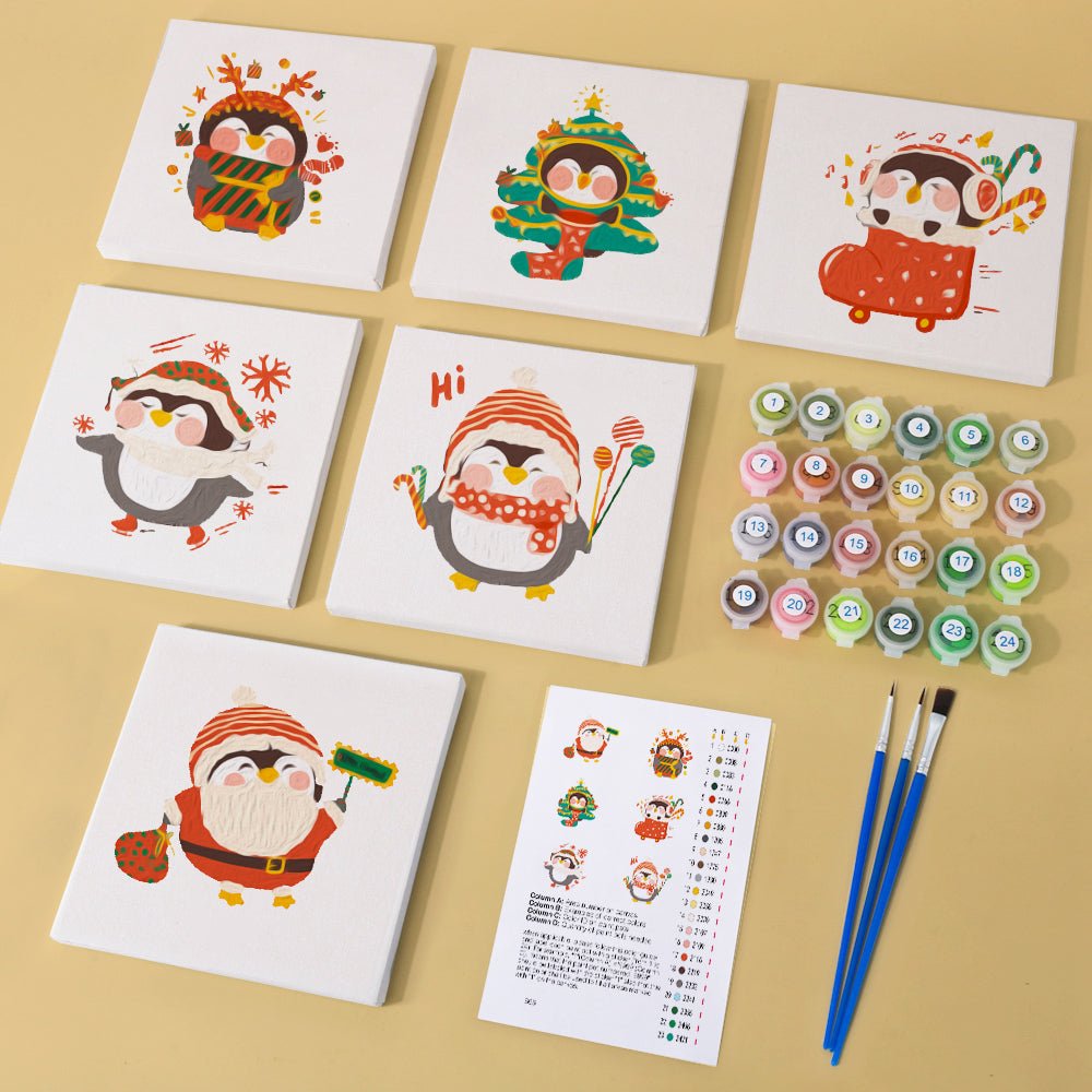 Cozy Christmas Penguins - Mini Paint by Numbers Kit (6 Pieces) paint by numbers kit