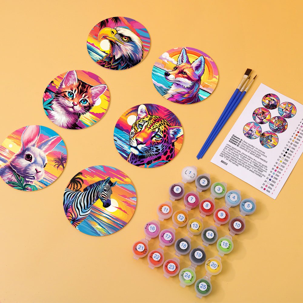 Sunset Wildlife - Coasters Paint by Numbers Kit (6 Pieces) paint by numbers kit