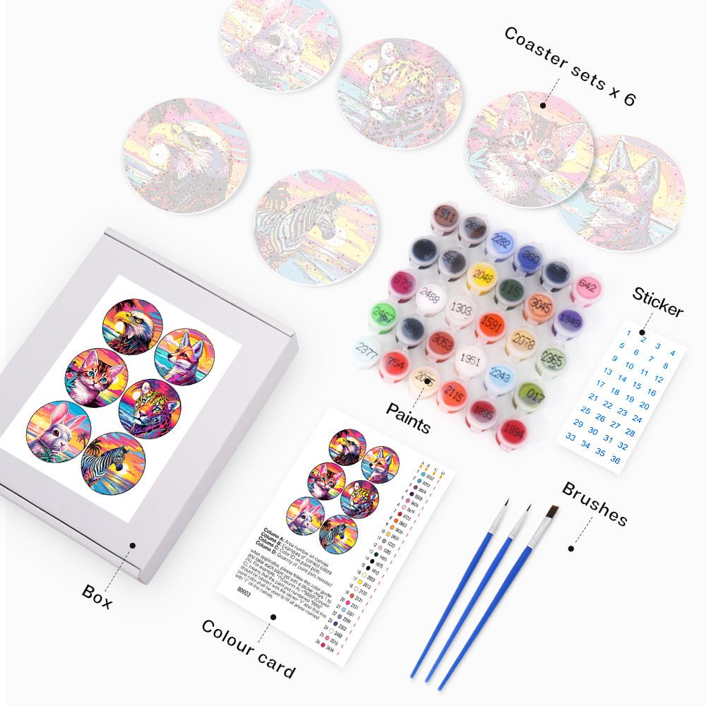 Sunset Wildlife - Coasters Paint by Numbers Kit (6 Pieces) paint by numbers kit
