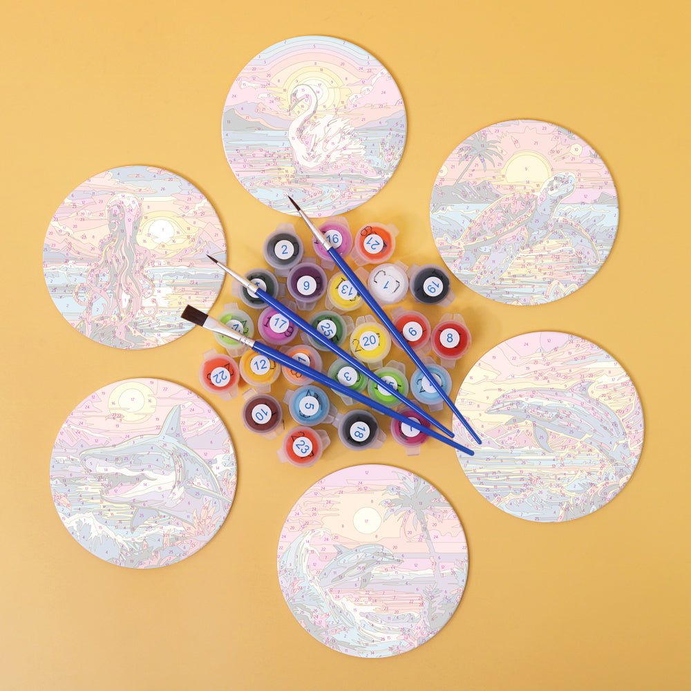 Ocean Sunset Creatures - Coasters Paint by Numbers Kit (6 Pieces) paint by numbers kit