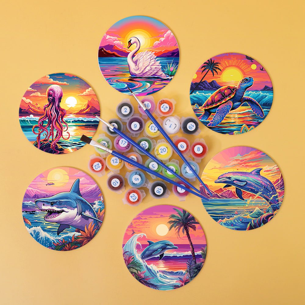 Ocean Sunset Creatures - Coasters Paint by Numbers Kit (6 Pieces) paint by numbers kit
