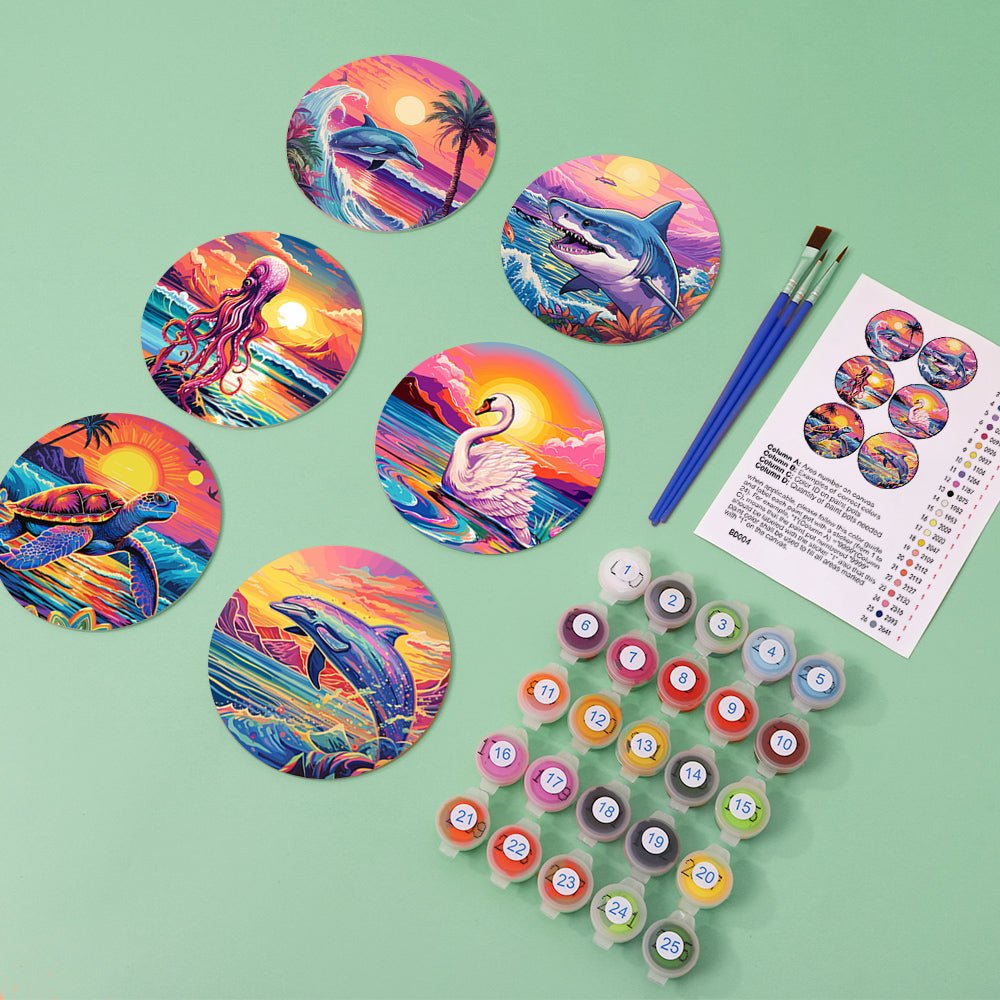 Ocean Sunset Creatures - Coasters Paint by Numbers Kit (6 Pieces) paint by numbers kit