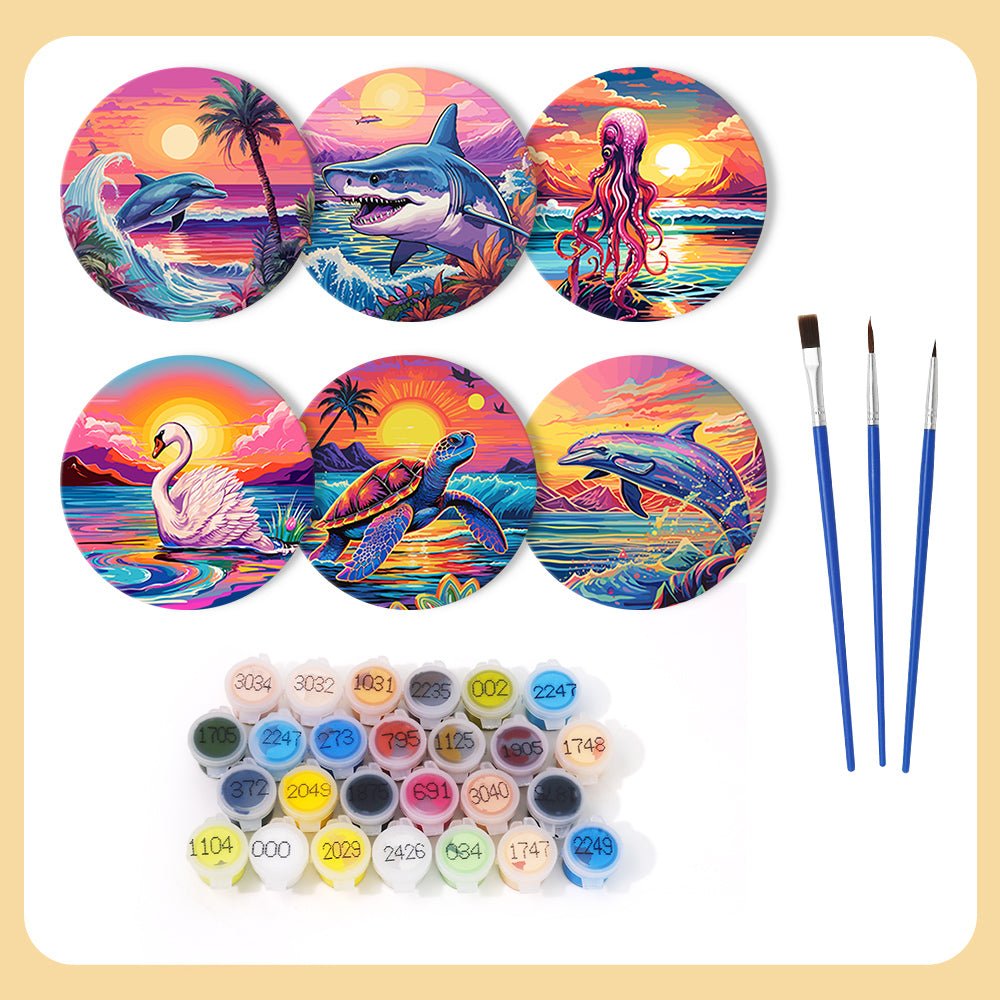 Ocean Sunset Creatures - Coasters Paint by Numbers Kit (6 Pieces) paint by numbers kit