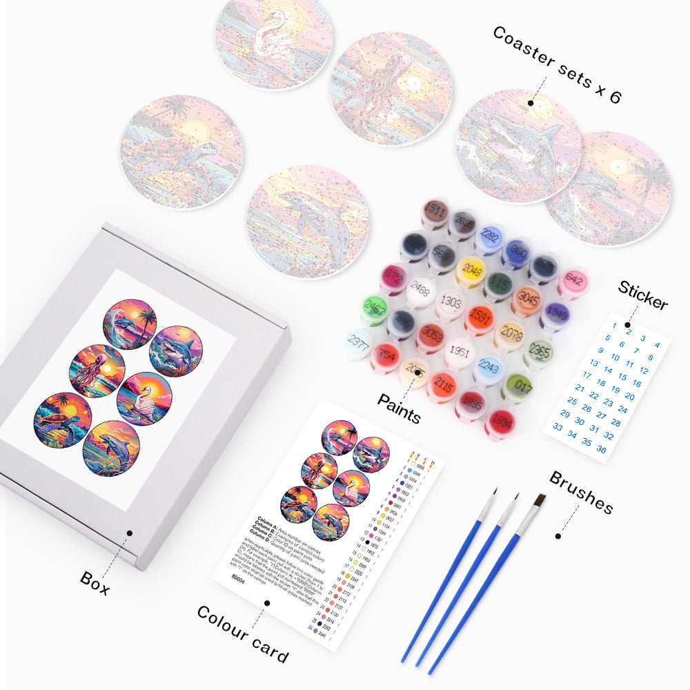 Ocean Sunset Creatures - Coasters Paint by Numbers Kit (6 Pieces) paint by numbers kit