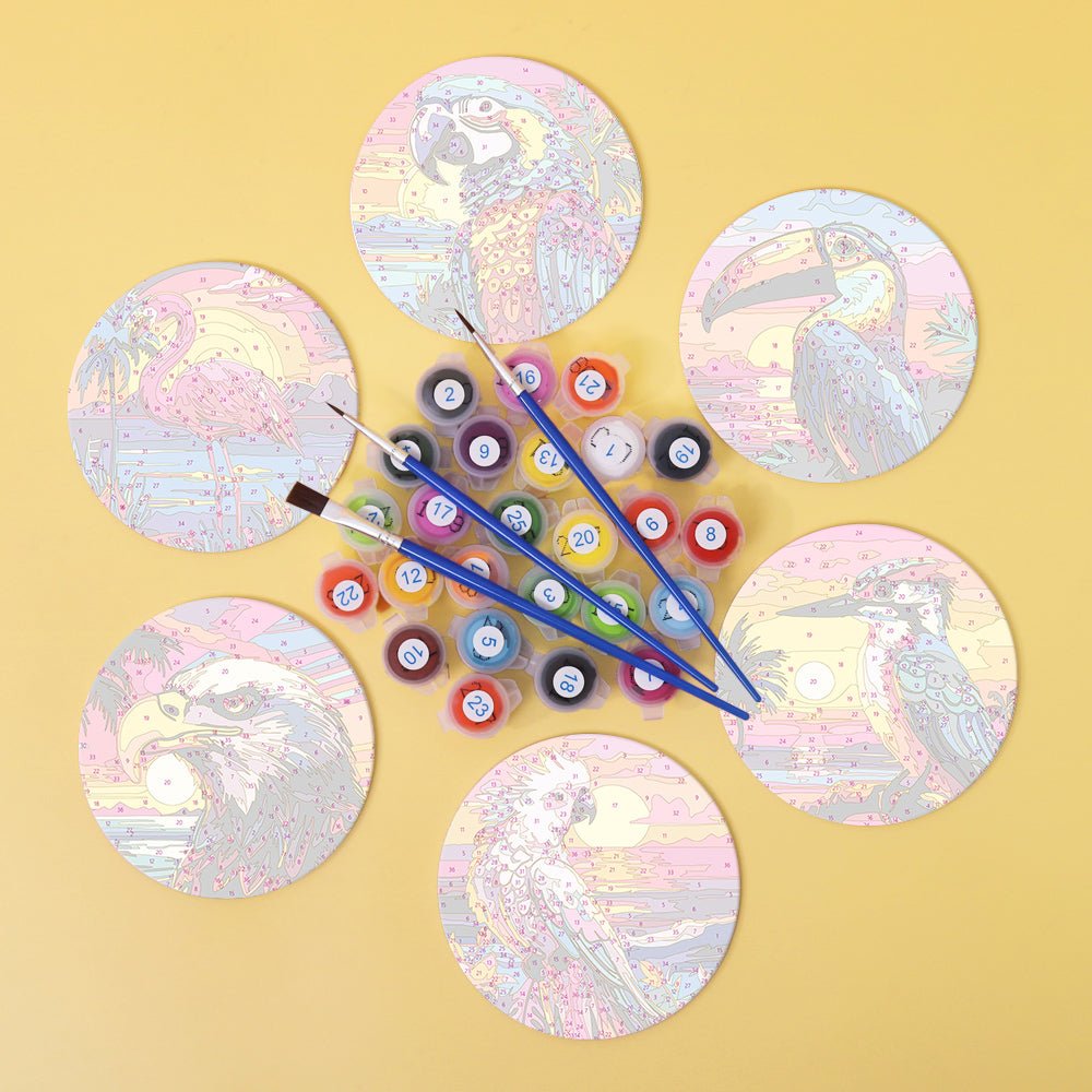 Tropical Birds Sunset - Coasters Paint by Numbers Kit (6 Pieces) paint by numbers kit