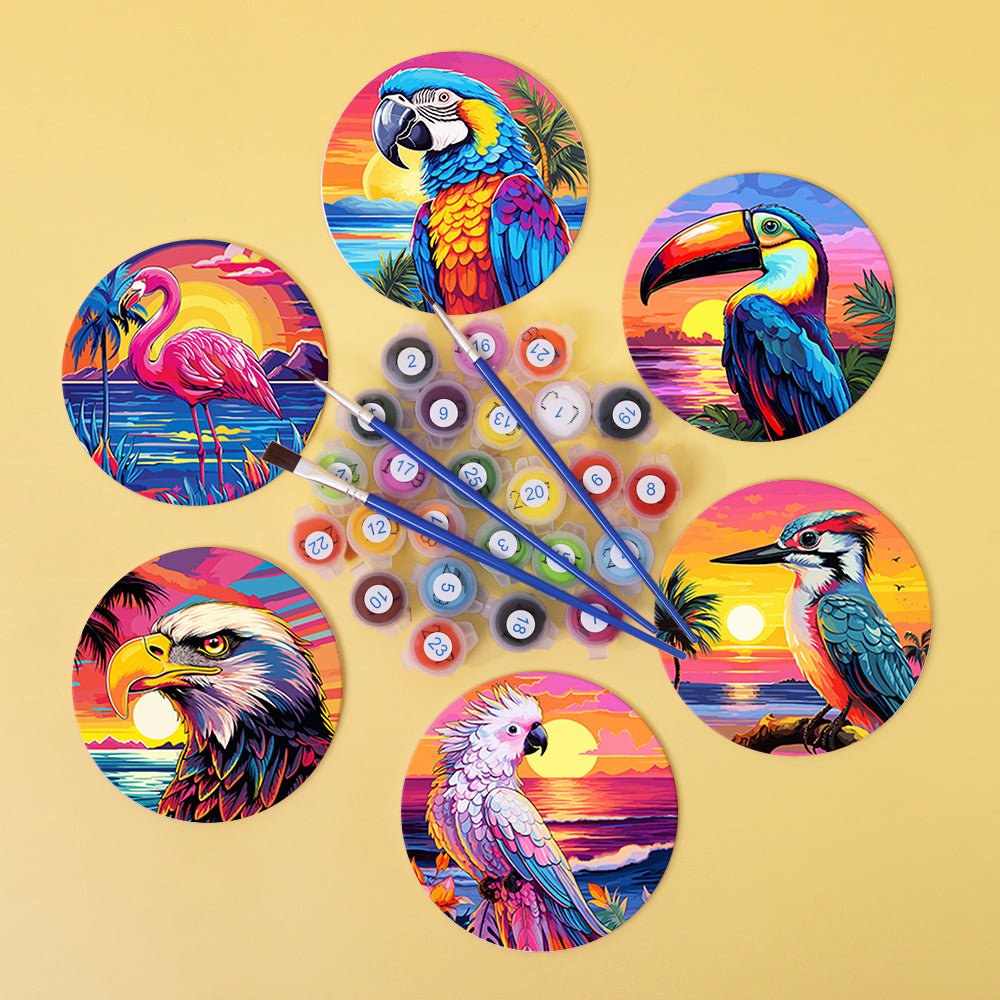 Tropical Birds Sunset - Coasters Paint by Numbers Kit (6 Pieces) paint by numbers kit