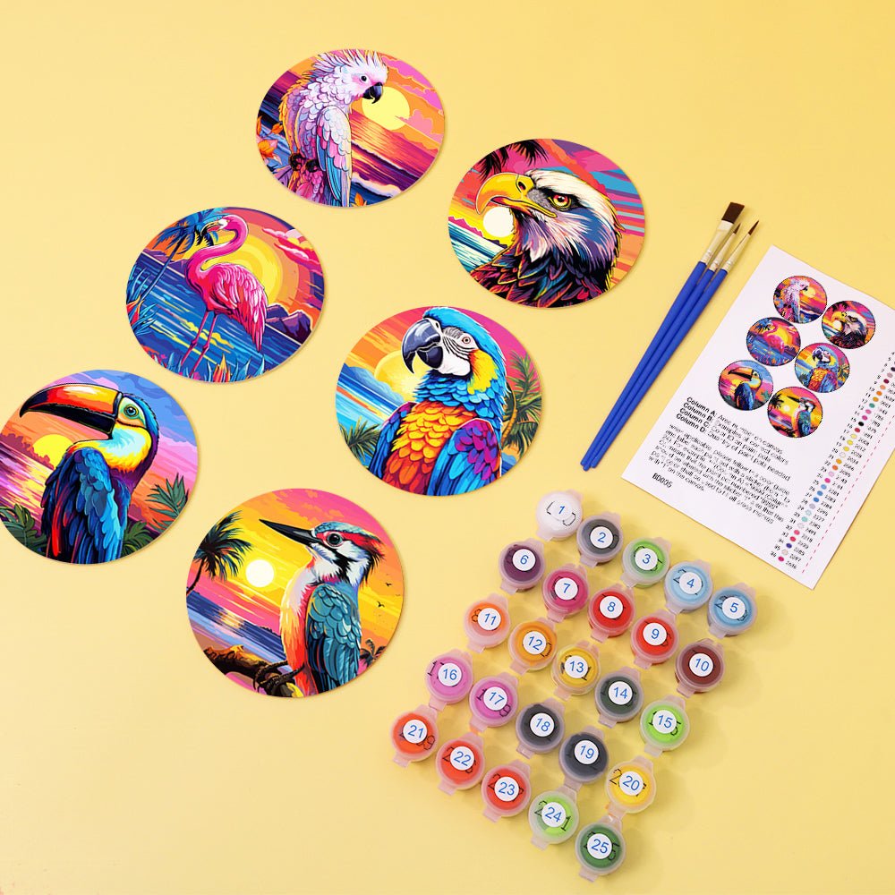 Tropical Birds Sunset - Coasters Paint by Numbers Kit (6 Pieces) paint by numbers kit