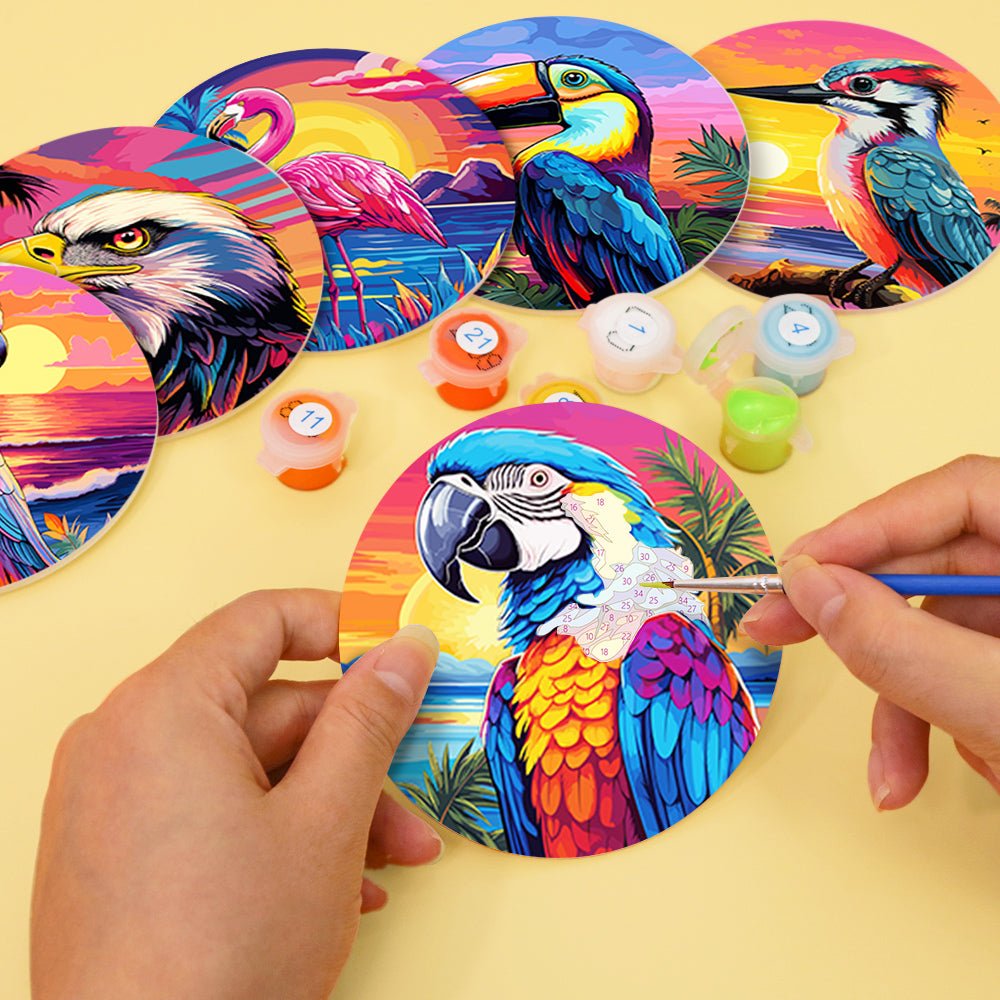Tropical Birds Sunset - Coasters Paint by Numbers Kit (6 Pieces) paint by numbers kit