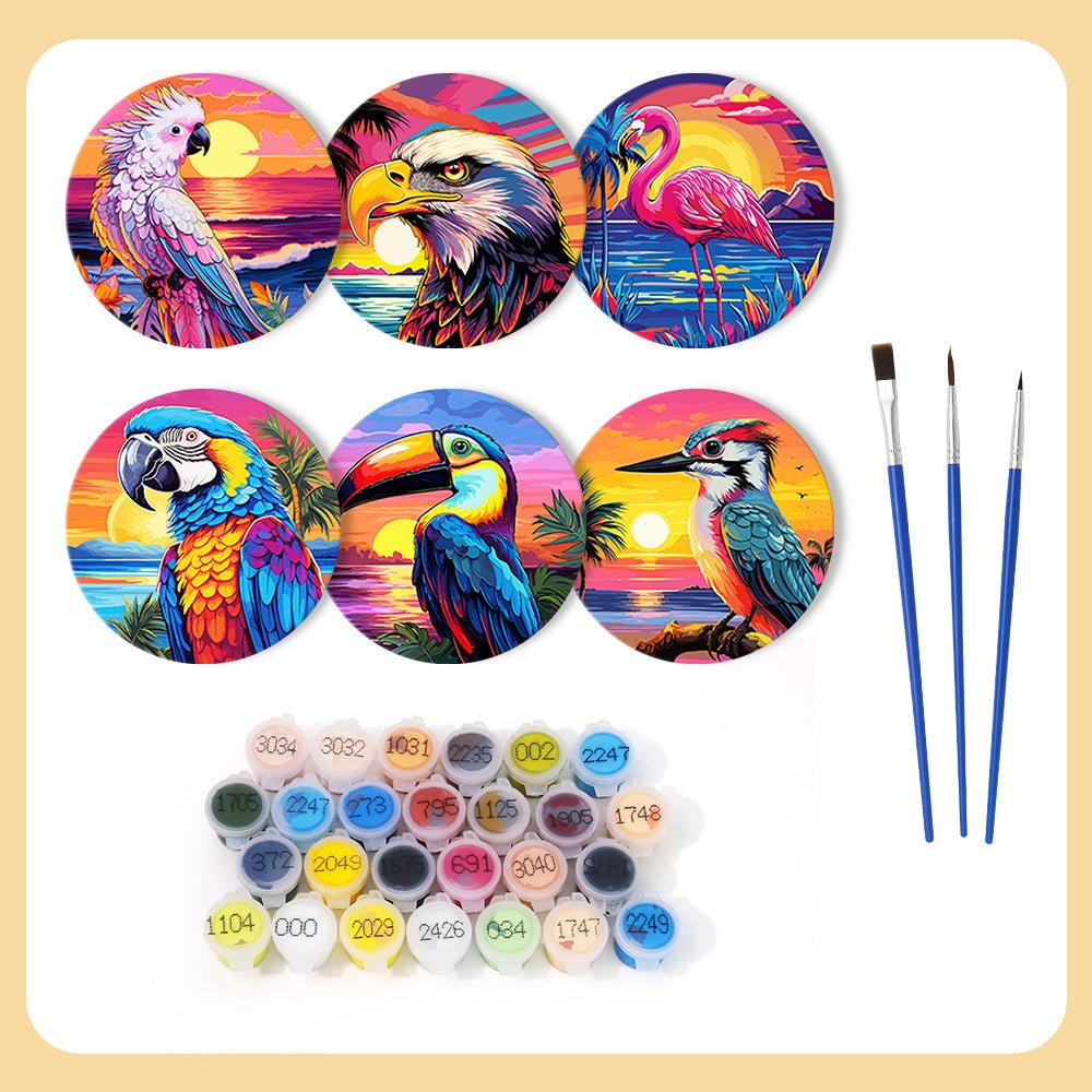 Tropical Birds Sunset - Coasters Paint by Numbers Kit (6 Pieces) paint by numbers kit