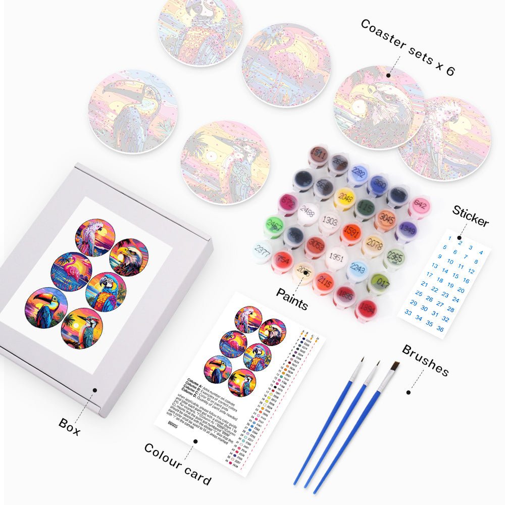 Tropical Birds Sunset - Coasters Paint by Numbers Kit (6 Pieces) paint by numbers kit