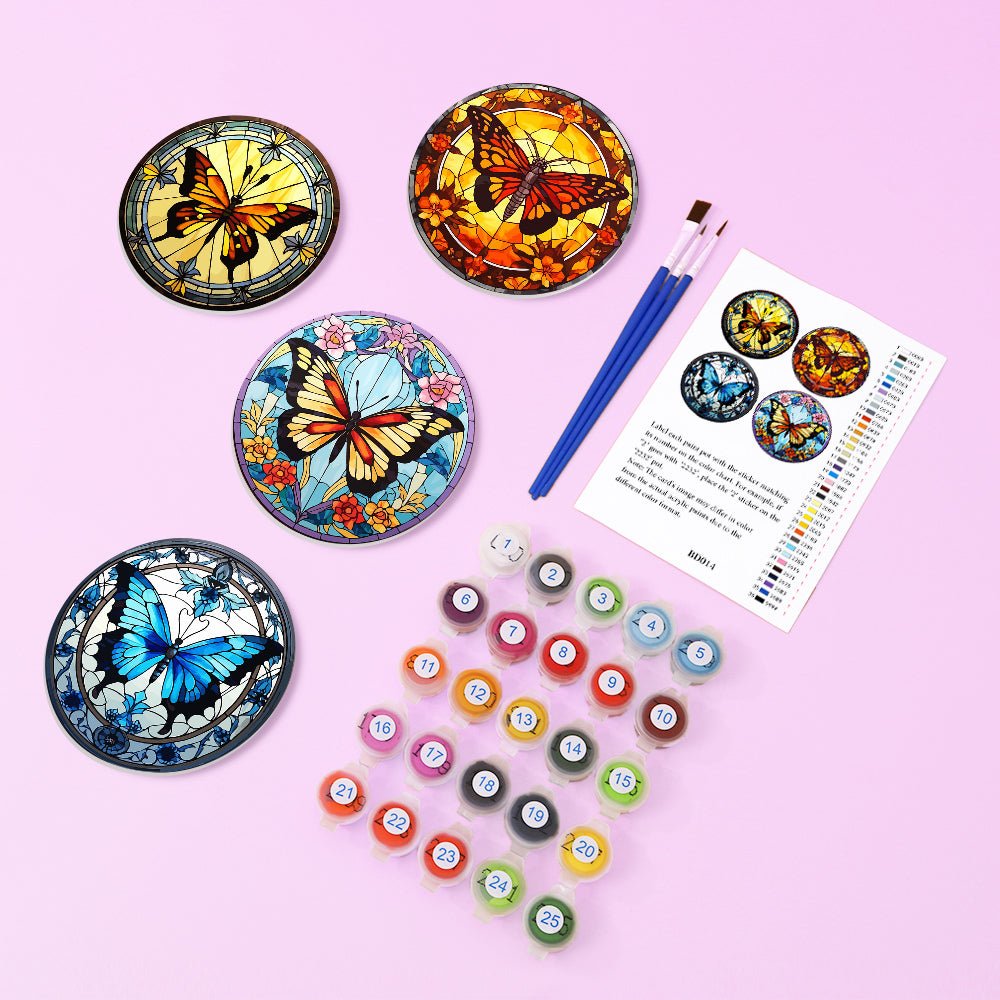 Radiant Butterfly Garden - Coasters Paint by Numbers Kit (4 Pieces) paint by numbers kit