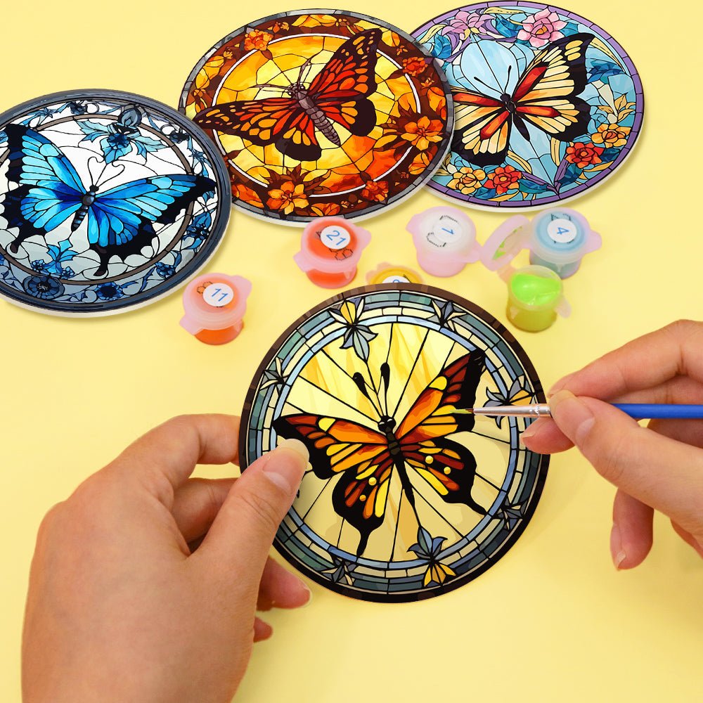 Radiant Butterfly Garden - Coasters Paint by Numbers Kit (4 Pieces) paint by numbers kit