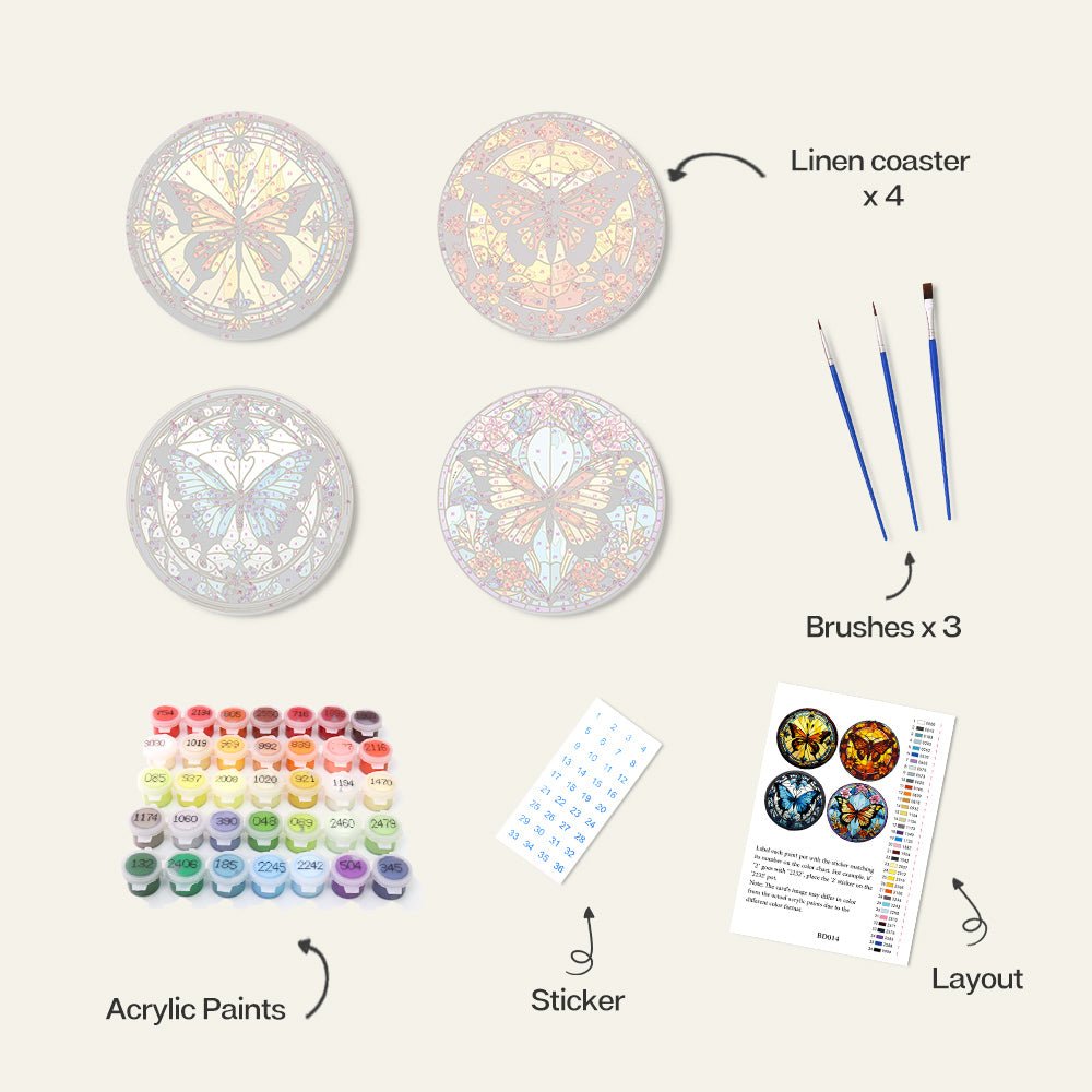 Radiant Butterfly Garden - Coasters Paint by Numbers Kit (4 Pieces) paint by numbers kit