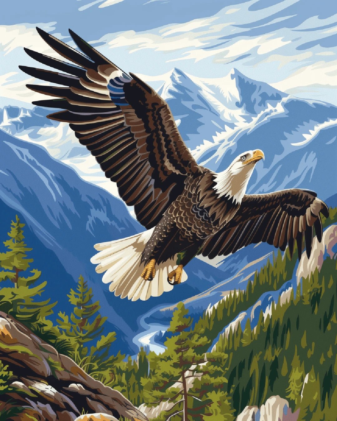 Eagle Flight paint by numbers kit landscape showing a soaring eagle above rugged mountains and green forest valleys by Tinta Canvas