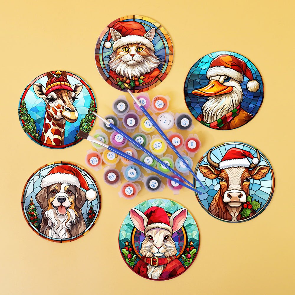 Festive Animal Friends - Coasters Paint by Numbers Kit (6 Pieces) paint by numbers kit