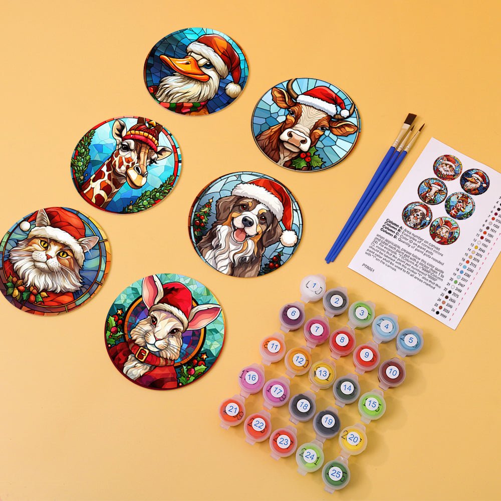 Festive Animal Friends - Coasters Paint by Numbers Kit (6 Pieces) paint by numbers kit