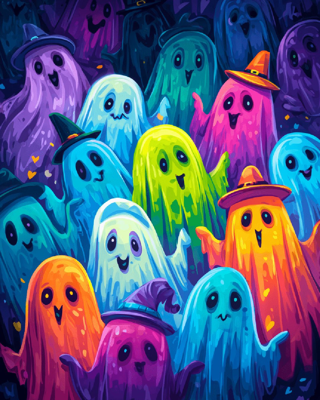 A Friendly Haunting paint by numbers kit showing a group of bright and friendly cartoon ghosts