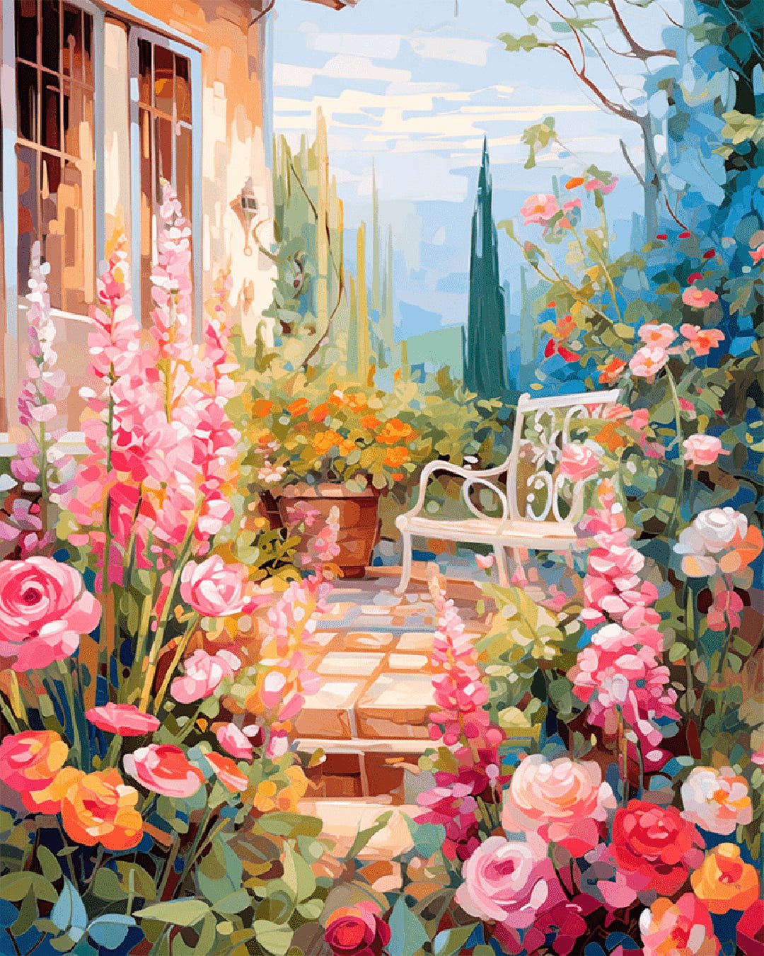 A Quiet Place to Sit paint by numbers kit showing a colorful garden path, flowers, and a white bench