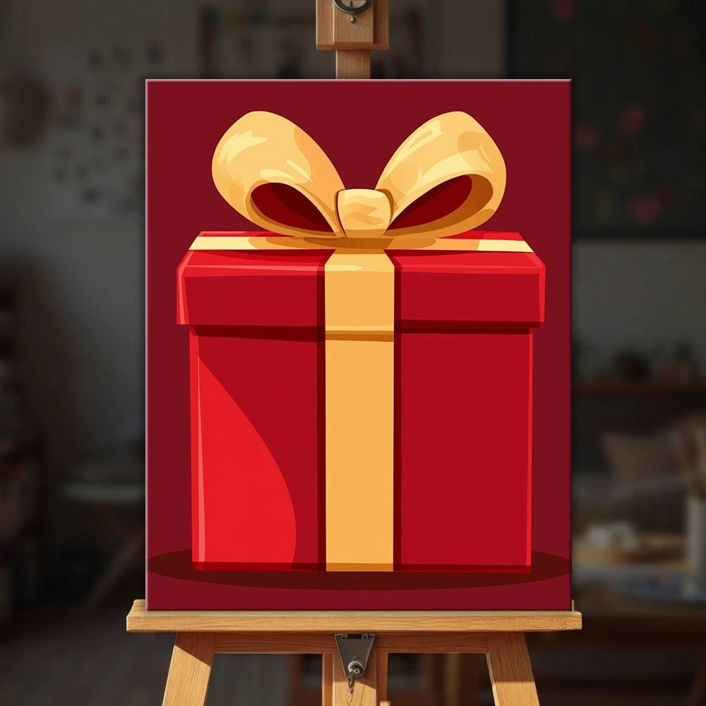 A Thoughtful Gift paint by numbers kit displayed on easel with bold red box and ribbon by Tinta Canvas