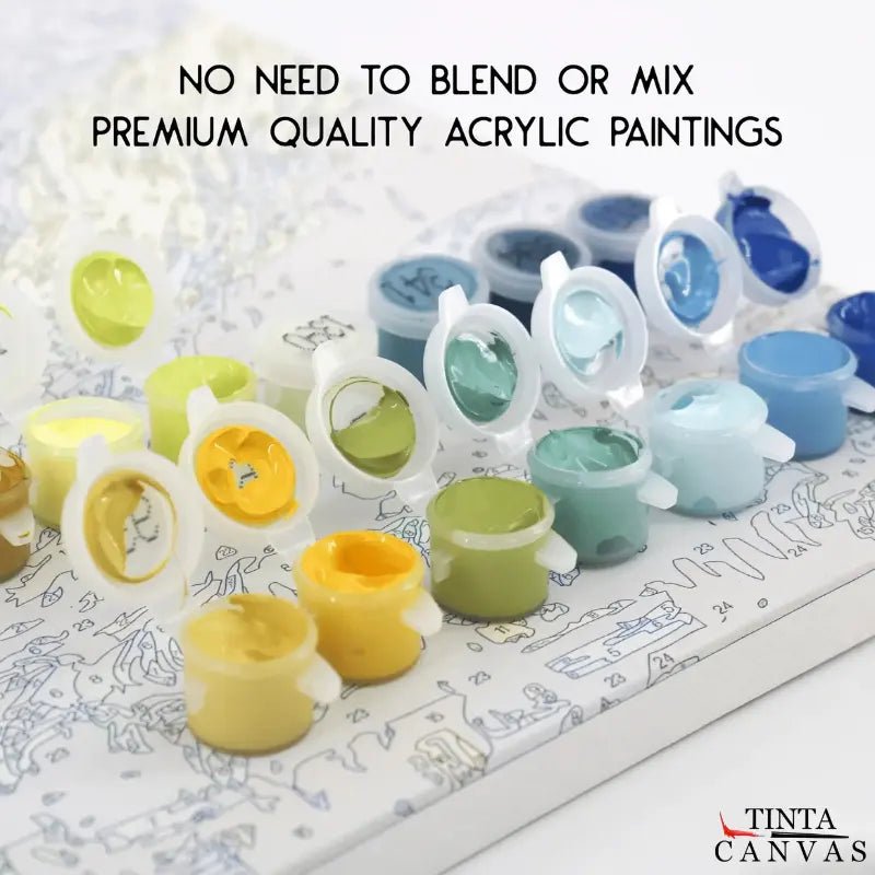 Pre-mixed acrylic paints included in a paint by numbers kit, arranged in labeled paint pots on numbered canvas