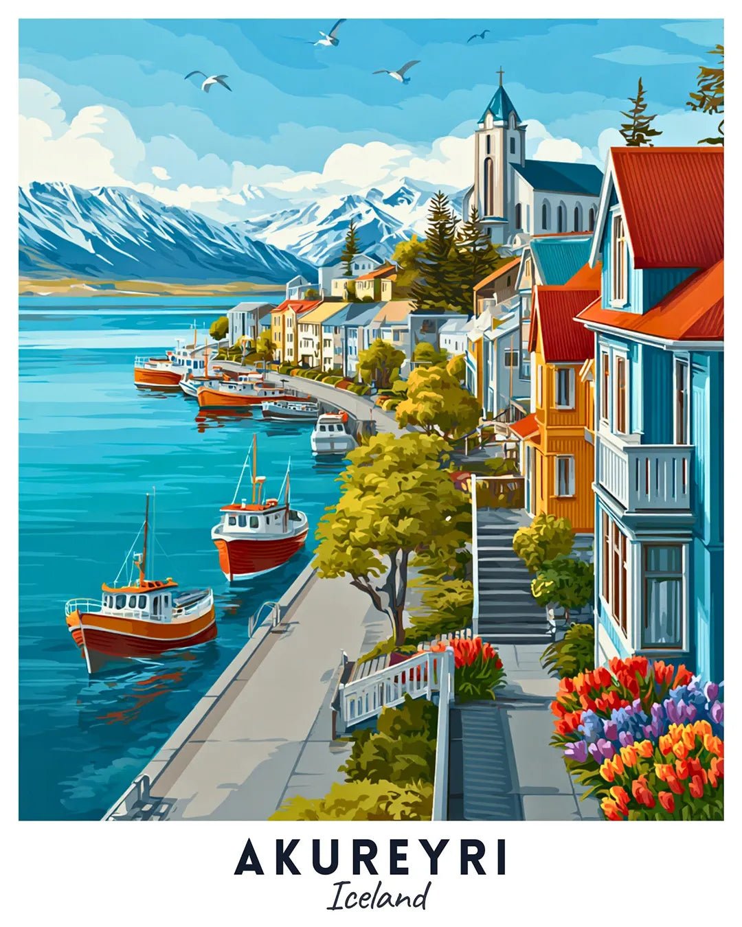 Akureyri Iceland paint by numbers canvas featuring waterfront homes, fishing boats, and fjord scenery