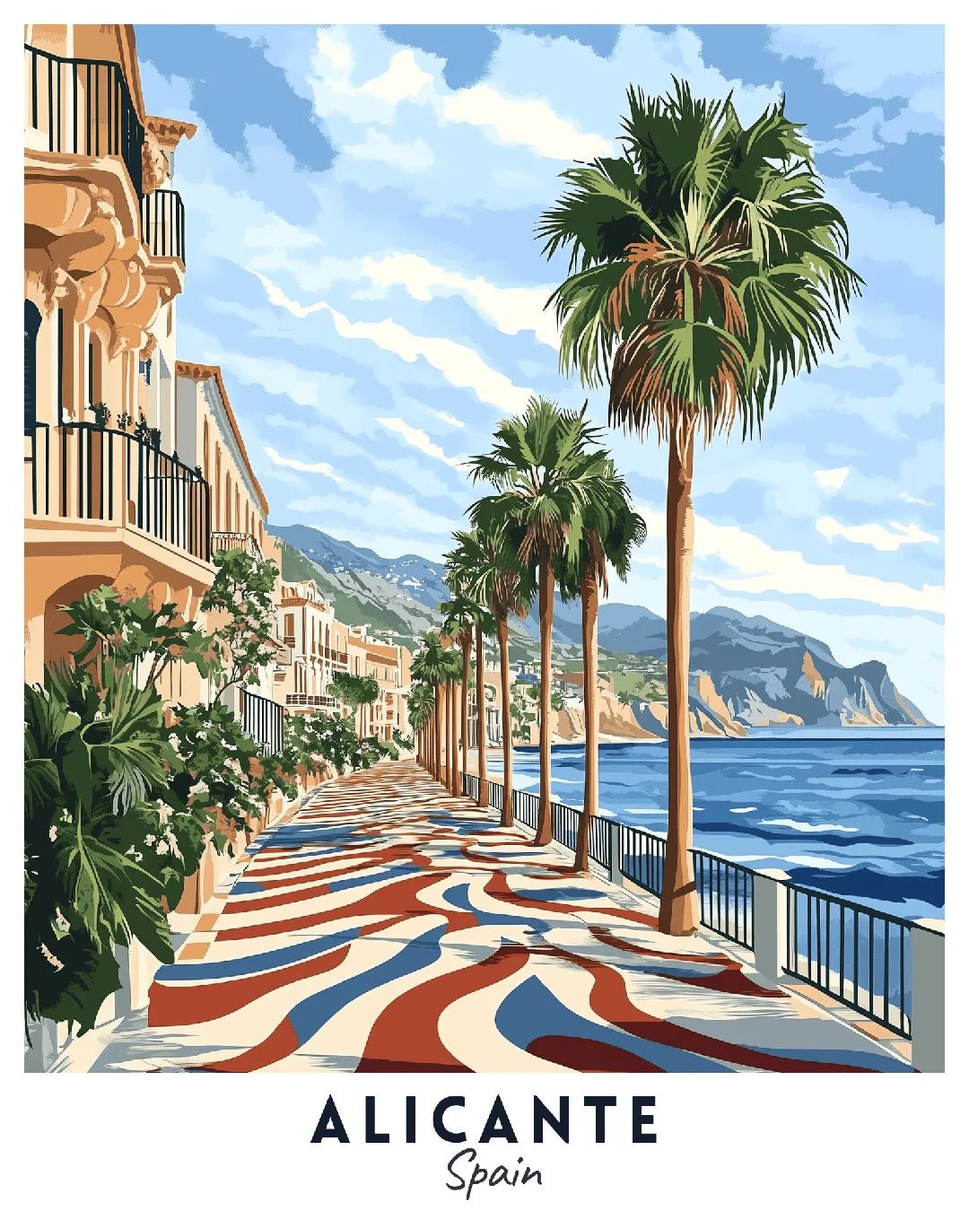 Alicante Spain paint by numbers canvas featuring palm-lined promenade, coastal buildings, and blue sea