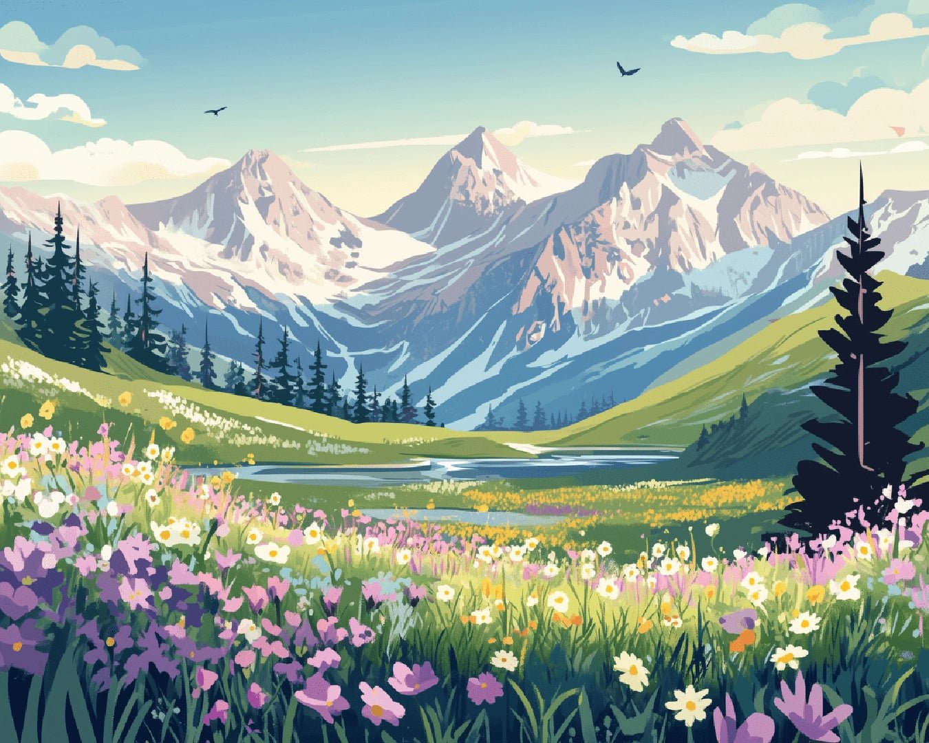 Alpine Meadow paint by numbers kit landscape showing a peaceful alpine field of wildflowers with mountains and blue sky by Tinta Canvas