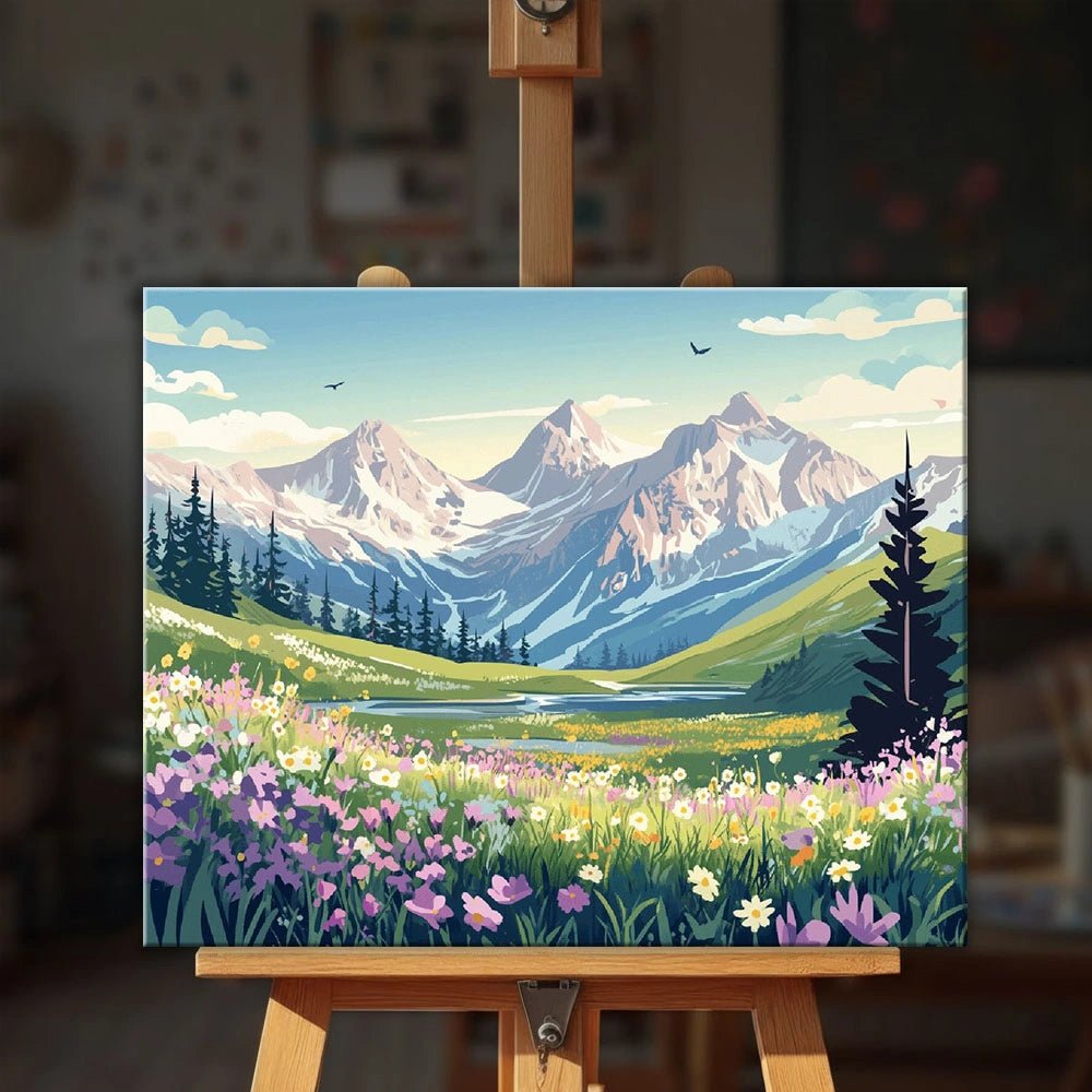 Alpine Meadow paint by numbers kit displayed on an easel showing a bright mountain meadow landscape with colorful flowers by Tinta Canvas