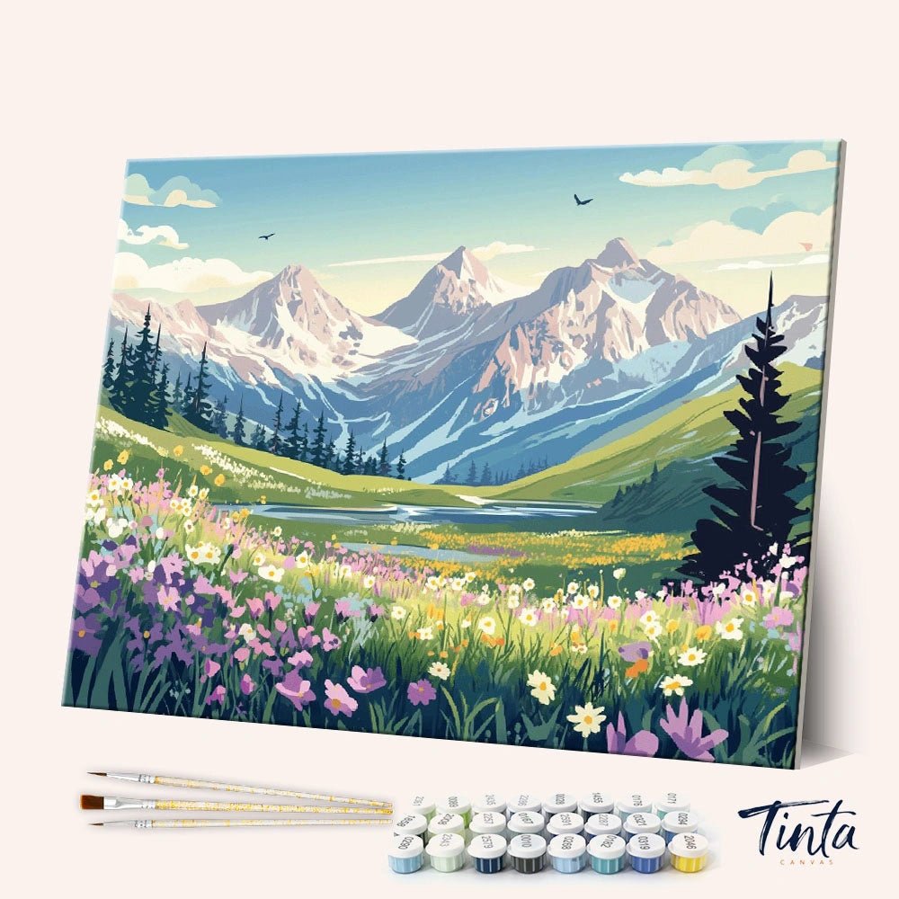 Alpine Meadow paint by numbers kit showing a colorful wildflower meadow with snow-capped mountains by Tinta Canvas