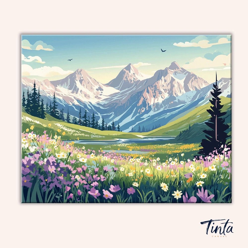 Alpine Meadow paint by numbers kit artwork featuring a scenic alpine valley with blooming wildflowers and tall mountain peaks by Tinta Canvas