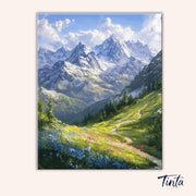 Clean artwork of the Alpine Meadow Path paint by numbers kit featuring a winding trail through flowers toward snowy mountains by Tinta Canvas