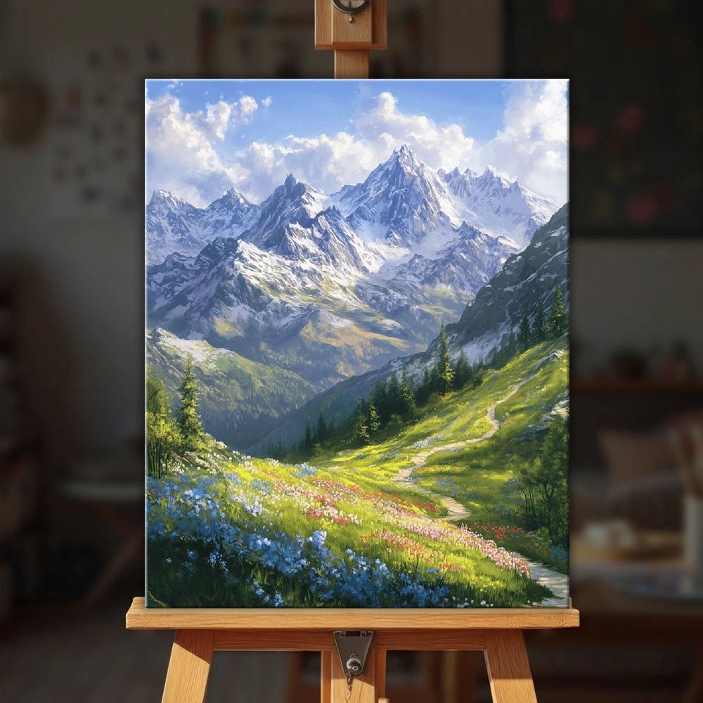 Alpine Meadow Path paint by numbers kit displayed on an easel showing vibrant alpine flowers and a mountain landscape by Tinta Canvas