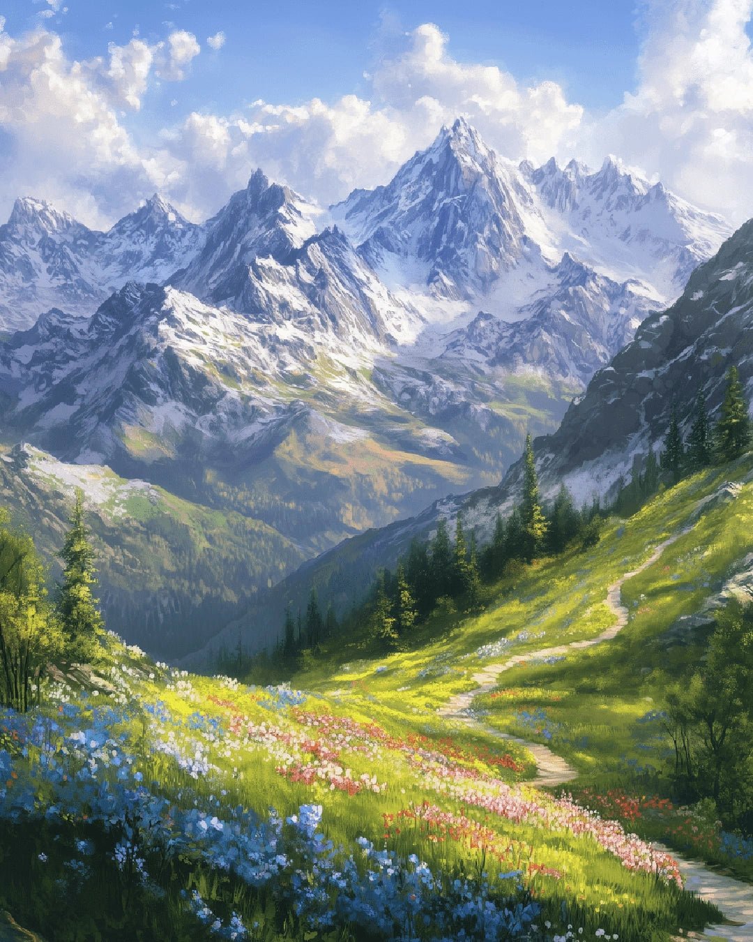 Raw landscape artwork from the Alpine Meadow Path paint by numbers kit showing a bright meadow trail with towering peaks by Tinta Canvas