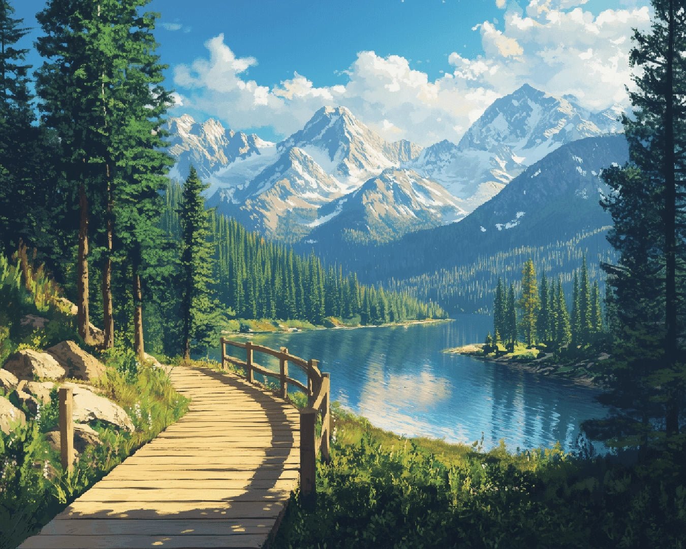 Paint by numbers kit canvas showing a mountain lake, forest trail, evergreen trees, and distant alpine peaks