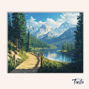 Clean artwork of Alpine Pathway paint by numbers kit showing forest path and snowy peaks by Tinta Canvas