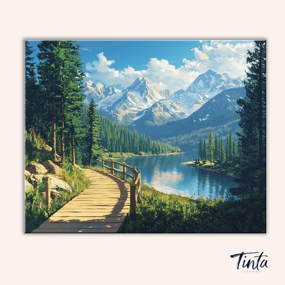 Clean artwork of Alpine Pathway paint by numbers kit showing forest path and snowy peaks by Tinta Canvas