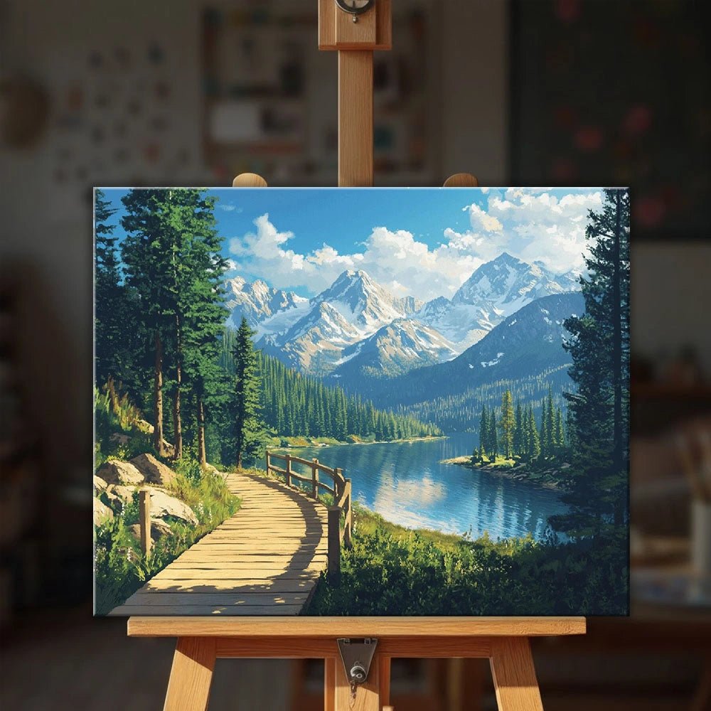 Alpine Pathway paint by numbers kit displayed on easel in cozy room with scenic mountain view by Tinta Canvas