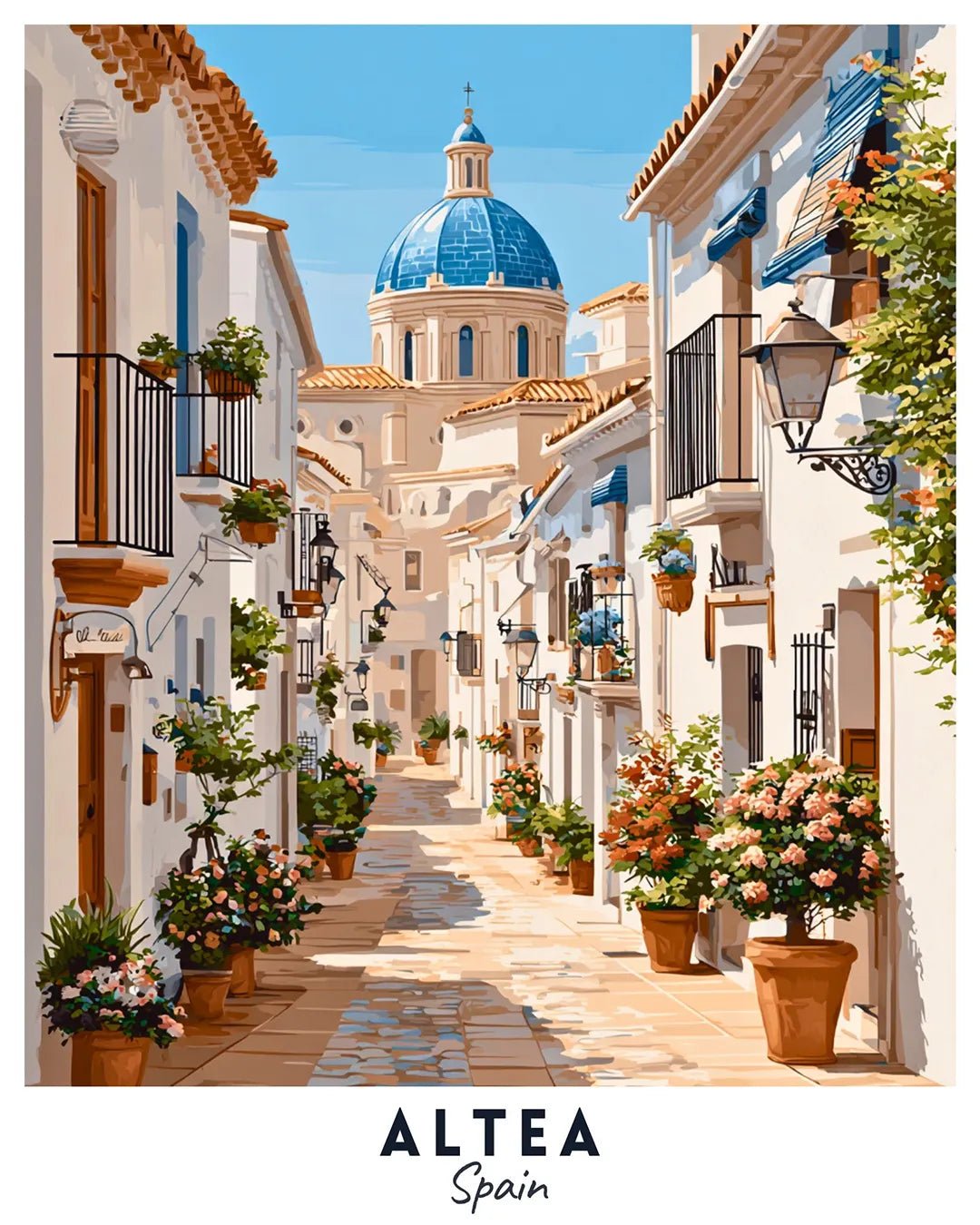 Altea Spain paint by numbers canvas featuring old town street, Mediterranean architecture, and floral details