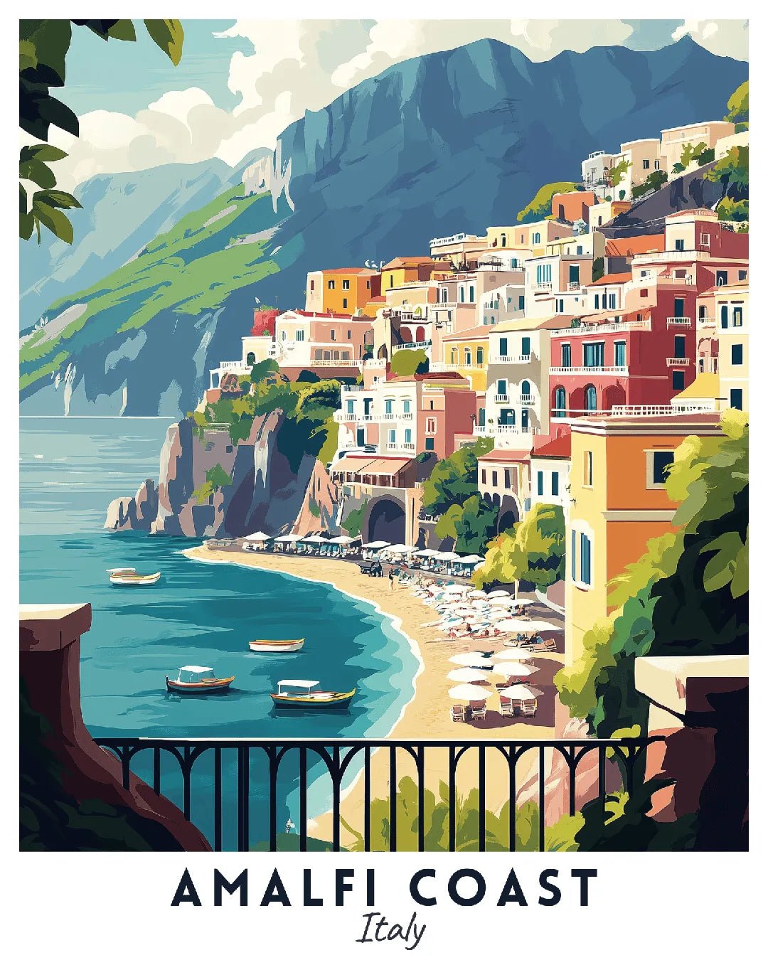 Amalfi Coast Italy paint by numbers kit canvas featuring coastal villages, boats, and turquoise shoreline