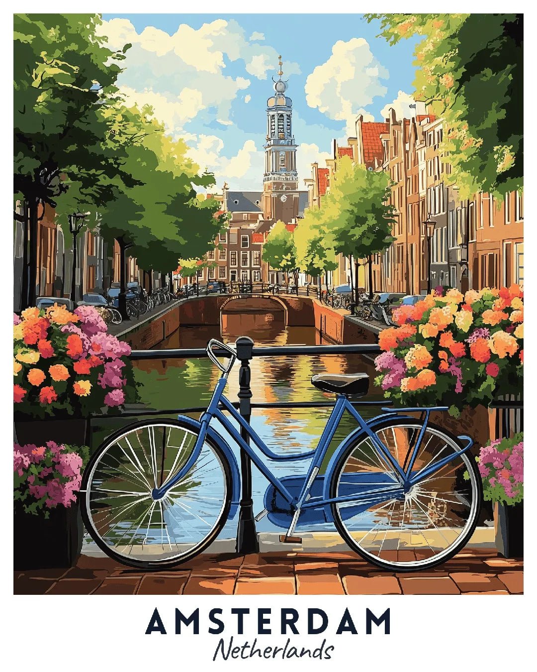 Amsterdam Netherlands Travel Poster Paint by Numbers Kit featuring canal reflections, bicycle, and European city architecture
