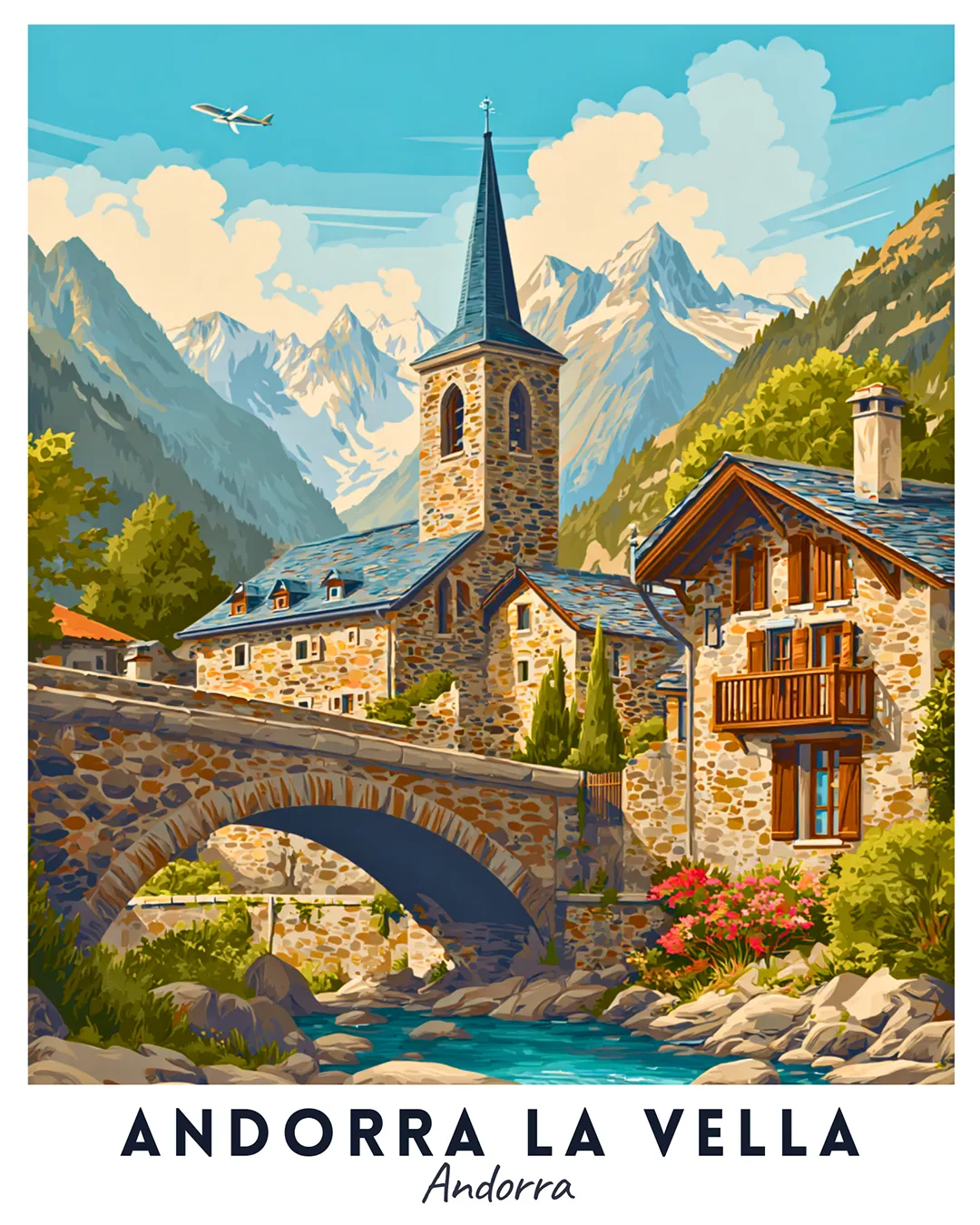 Andorra la Vella Travel Poster Paint by Numbers Kit featuring alpine village, stone bridge, and mountain stream