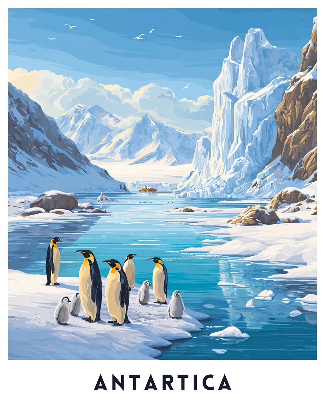 Antarctica Travel Poster Paint by Numbers Kit featuring penguins on ice, frozen coastline, and polar landscape