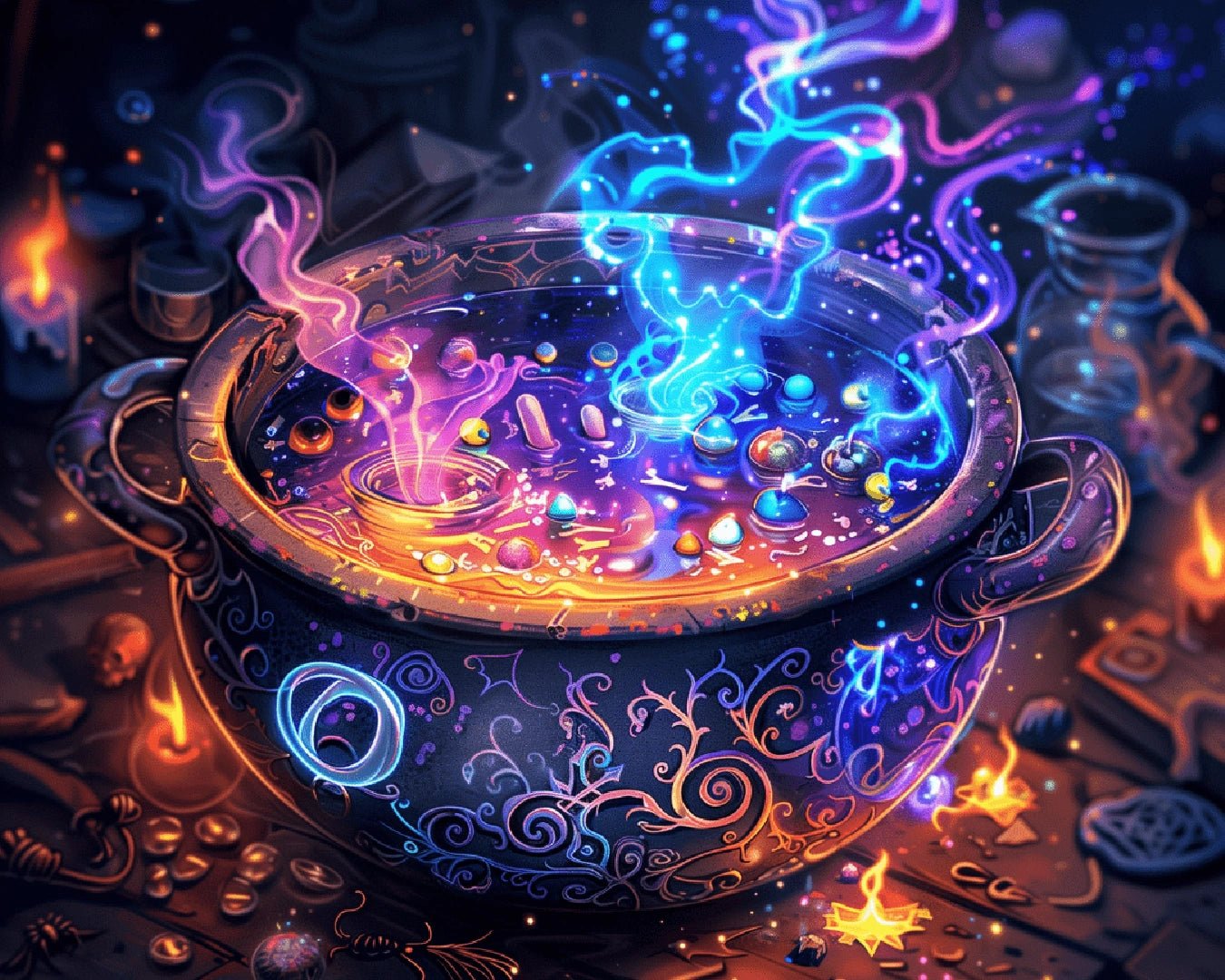 Magical cauldron paint by numbers canvas with neon spell smoke, glowing liquid, fantasy alchemy details, and warm candlelight